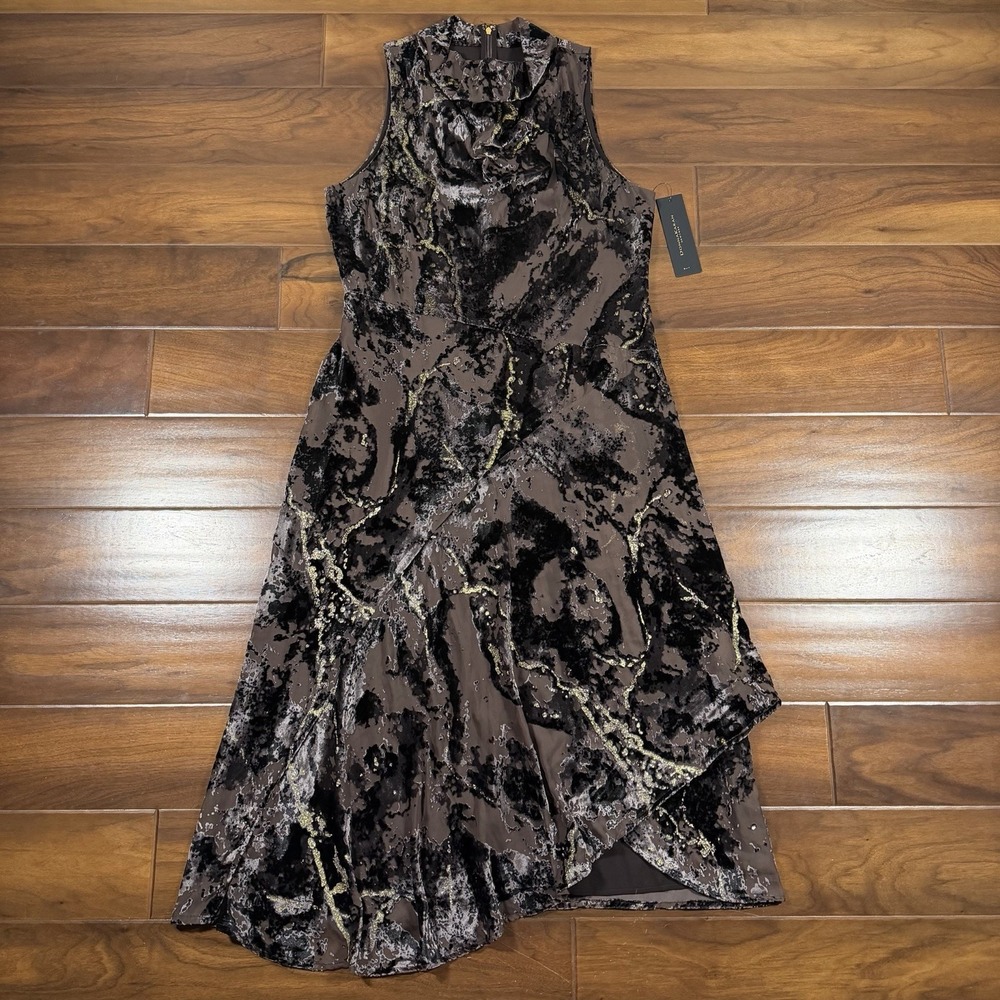Donna Karan NY Size 10 Brown Velvet Burnout Mock Neck Midi Dress Sleeveless